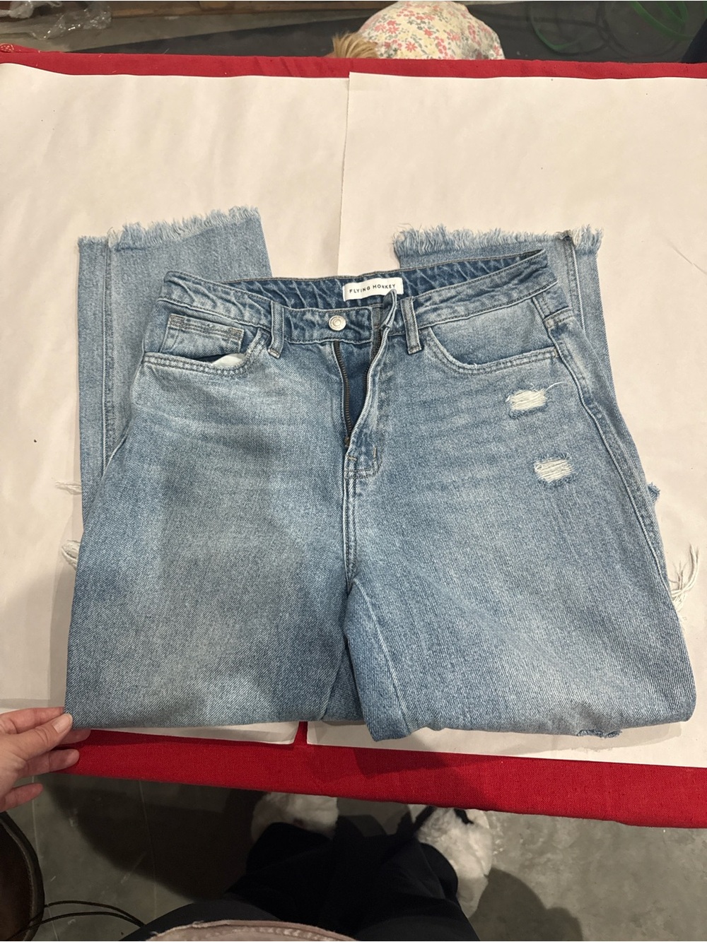 Flying Monkey Light Blue Straight Leg Jeans with Raw Hem
